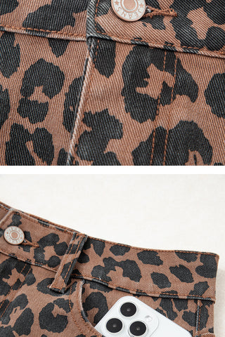 Leopard Frayed Slit Denim Midi Skirt