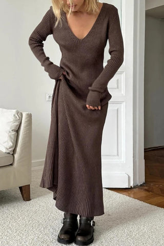 V-Neck Ribbed Knit Maxi Dress