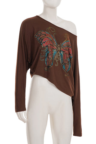 Butterfly Embellished Off-Shoulder Top