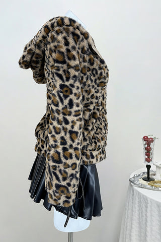 Zip-Up Hooded Leopard Print Jacket