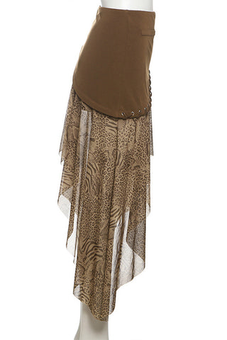 Asymmetric Hem Patchwork Leopard Skirt