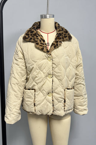 Quilted Button-Down Jacket with Leopard Trim