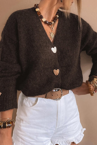 Heart Button V-Neck Cardigan