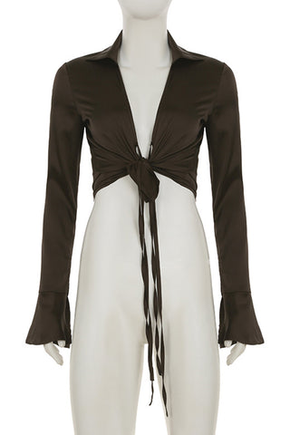 Lace-Up Front Blouse with Flared Sleeves