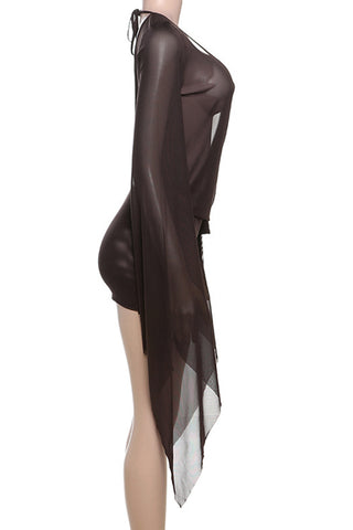 Deep V-Neck Sheer Sleeve Mini Dress