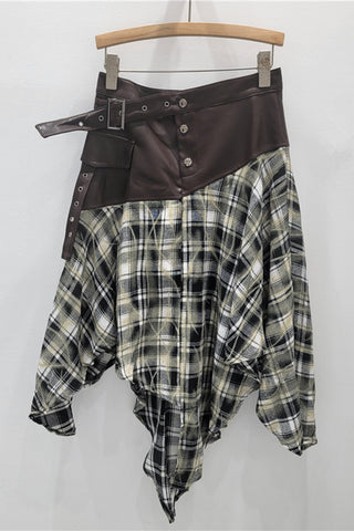 Asymmetrical Plaid Midi Skirt with Belt