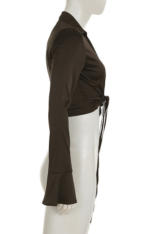 Lace-Up Front Blouse with Flared Sleeves