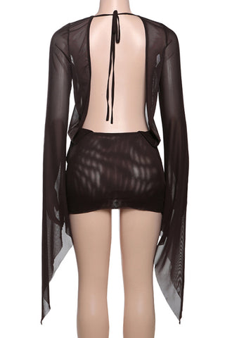 Deep V-Neck Sheer Sleeve Mini Dress