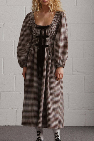 Gingham Puff-Sleeve Casual Dress