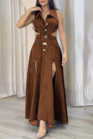 Cutout Belted Denim Maxi Dress