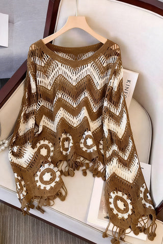 Zigzag Pattern Sweater with Tassels