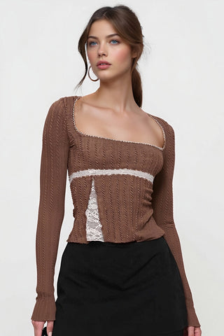 Ribbed Long-Sleeve Blouse with Lace Detail