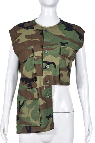 Camo Print Vest with Button Detailing