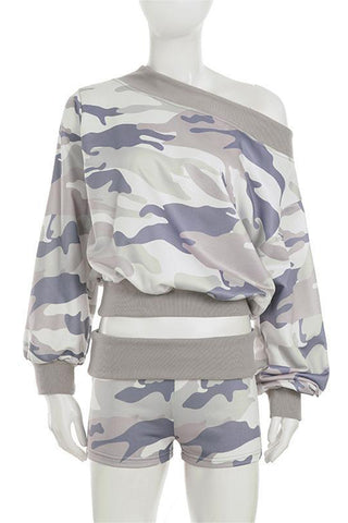 Off-Shoulder Camo Short Set