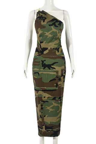 One-Shoulder Camouflage Midi Dress