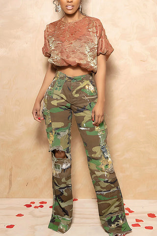 Distressed Camouflage Casual Pants