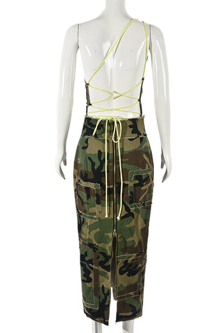 One-Shoulder Camouflage Midi Dress