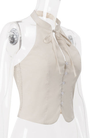 Tie-Neck Halter Button Tank Top