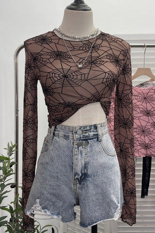 Web-Patterned Long Sleeve Crop Top