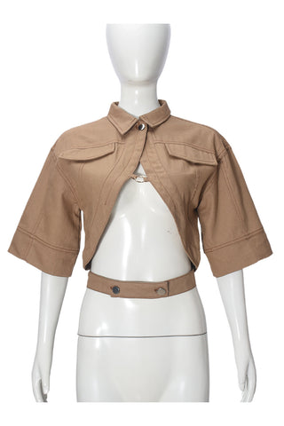 Cropped Open Front Jacket with Buckle Detail