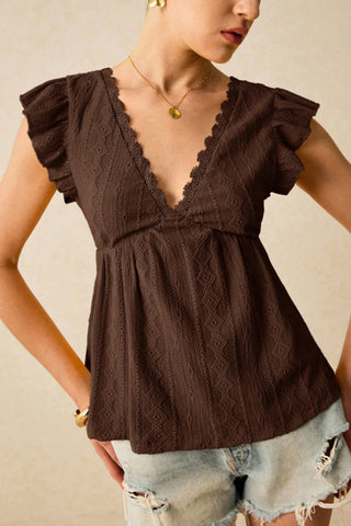 Lace Trim Ruffle Sleeve V-Neck Top