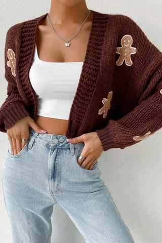 Gingerbread Applique Open-Front Cardigan