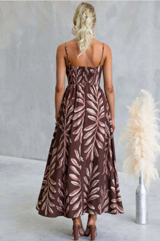 Strappy Leaf Print Midi Dress