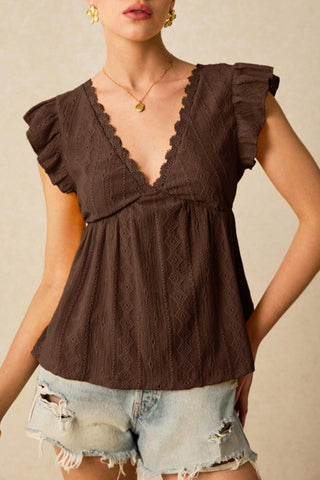 Lace Trim Ruffle Sleeve V-Neck Top