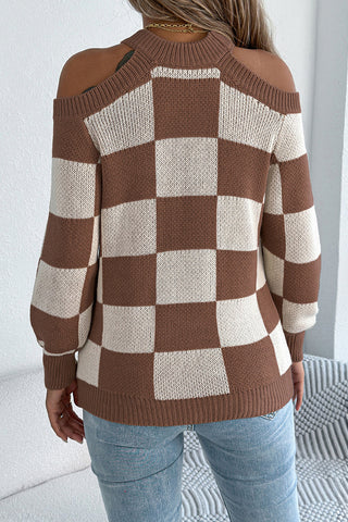 Open-Shoulder Checkered Sweater