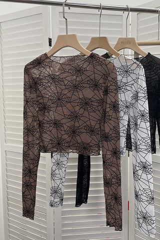 Web-Patterned Long Sleeve Crop Top