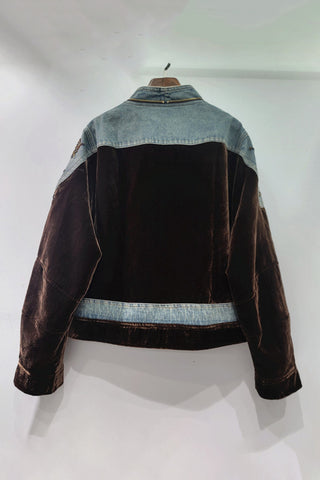 Embellished Denim Patch Velvet Jacket