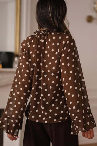 Polka Dot Ruffle Trim V Neck Bell Sleeve Top