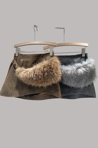 Button-Accent Fur Trim Mini Skirt