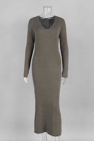 Ribbed V-Neck Long Sleeve Midi Dress
