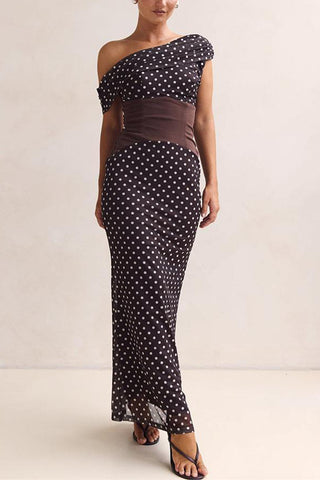 Off-Shoulder Polka Dot Evening Dress