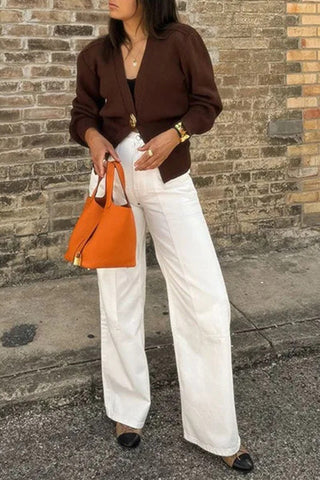 Elegant V-Neck Cardigan with Statement Button