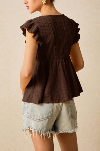 Lace Trim Ruffle Sleeve V-Neck Top