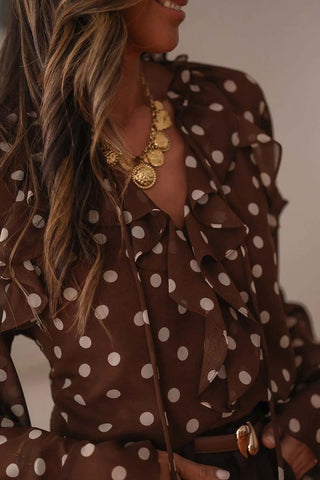 Polka Dot Ruffle Trim V Neck Bell Sleeve Top