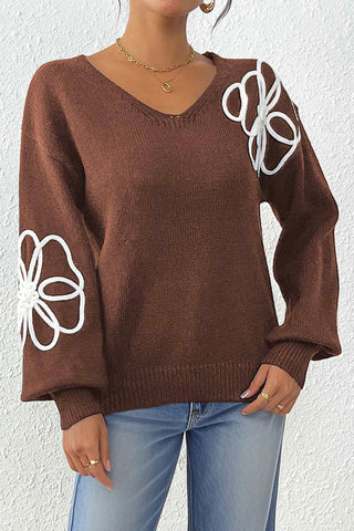 Floral Accent V-Neck Sweater