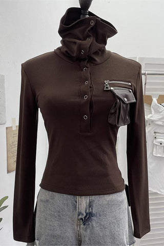 Button-Up High Collar Shirt with Pocket