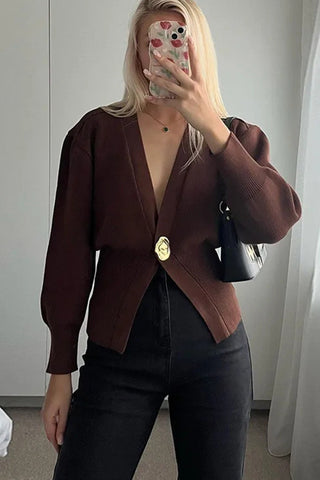 Elegant V-Neck Cardigan with Statement Button