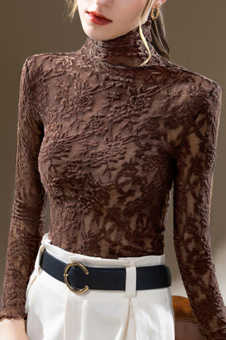 Elegant Floral Lace Turtleneck Blouse