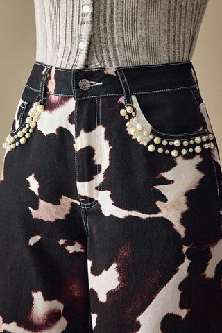 Patterned Straight-Leg Denim Pants