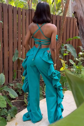 Ruffled Crop Top and Wide-Leg Pant Set