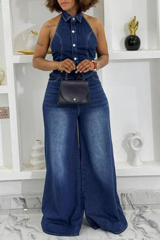 Chic Halter Denim Jumpsuit
