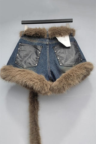 Fur-Trimmed Denim Casual Shorts