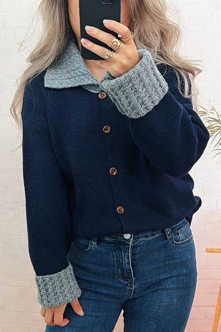 Striped Button Cardigan with Contrasting Collar