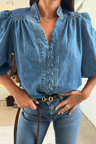 Button-Front Puff Sleeve Denim Blouse