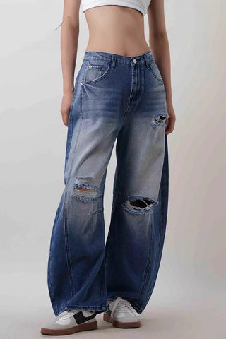 Distressed Wide-Leg Denim Jeans