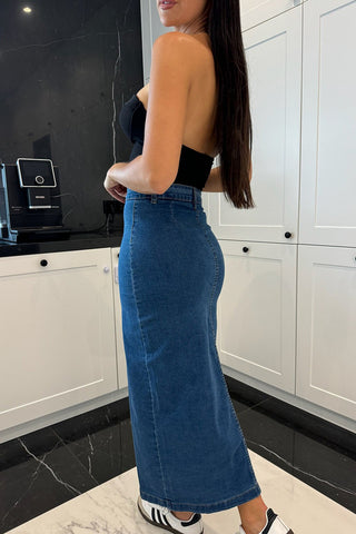 Button-Front Denim Midi Skirt